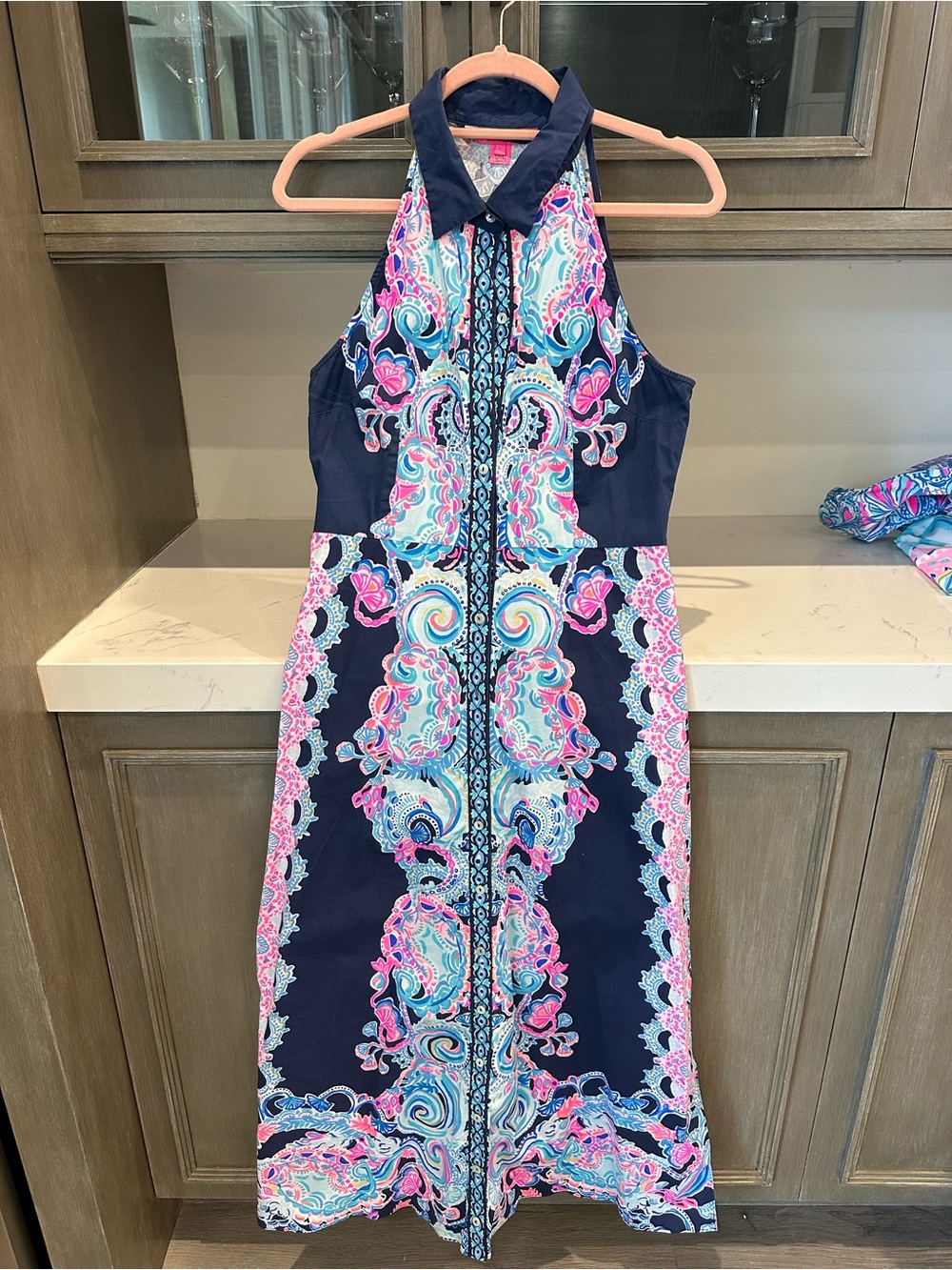 Like New Lilly Pulitzer Size 6 Novah Shirt Midi Dess in Navy Shaka Shaka